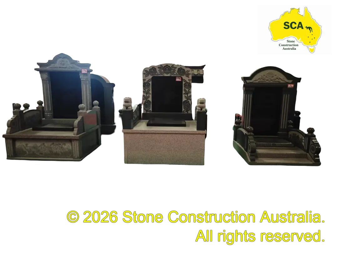 Finished granite and marble memorial monument on display in Stone Construction Australia’s factory showroom (photo 03) Finished granite and marble memorial monument on display in Stone Construction Australia's factory showroom (photo 03)
